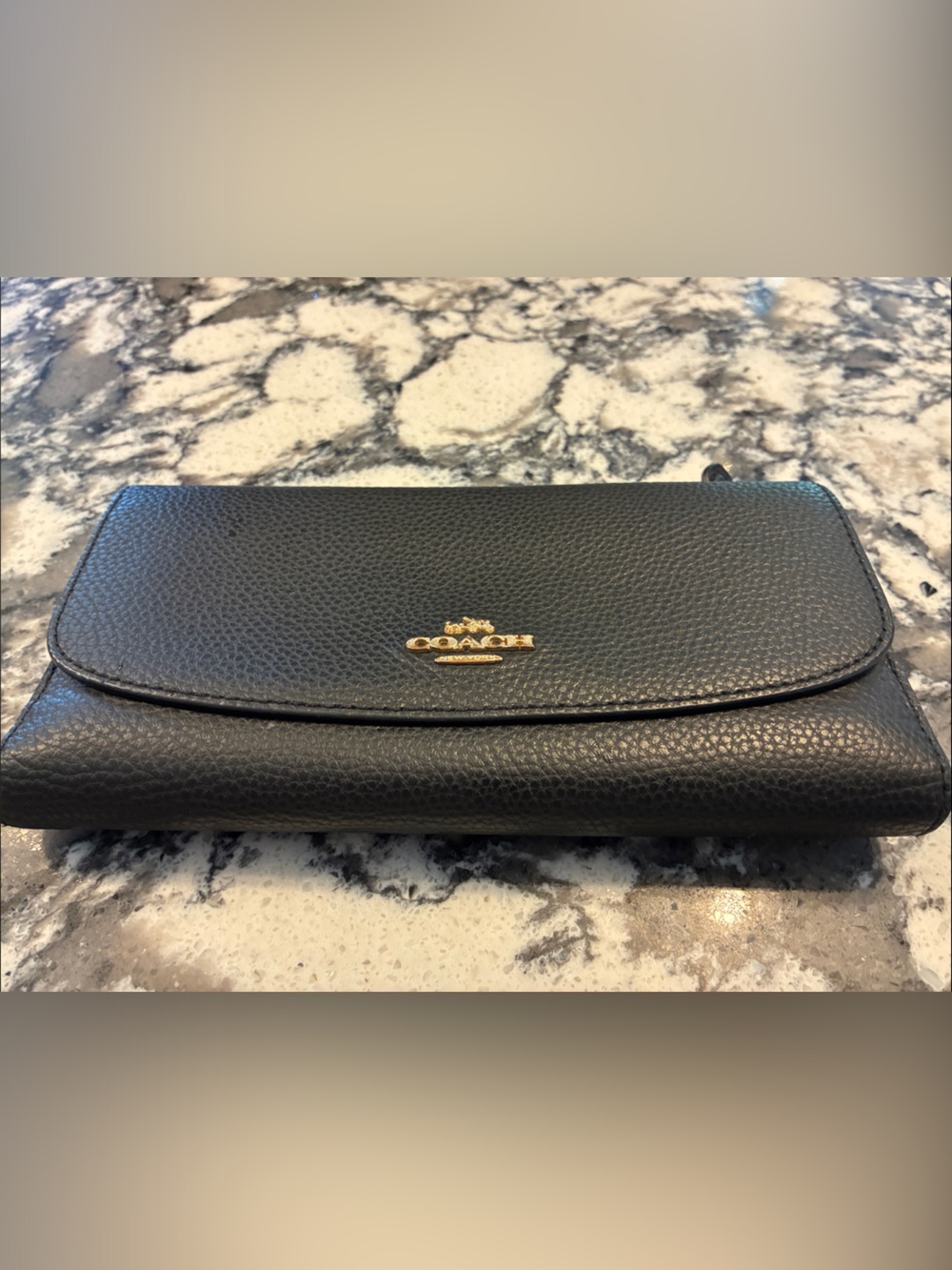 Coach Black Pebbled Leather Long Flap Wallet with Gold Emblem